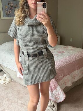 Cowl Neck Short Sleeve Knit Sweater Dress in Gray